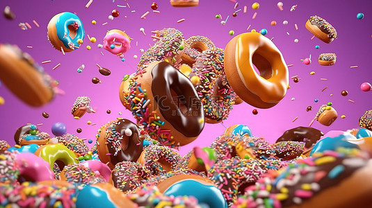 甜海报背景图片_3D 渲染的甜甜圈在运动中是一个美味的糖果店横幅设计