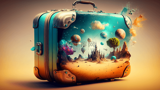 旅游行李箱梦幻沙漠背景
