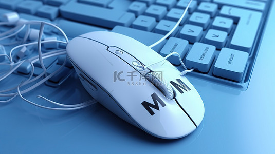 电脑鼠标连接到蓝色和白色 3D 插图中的音乐词