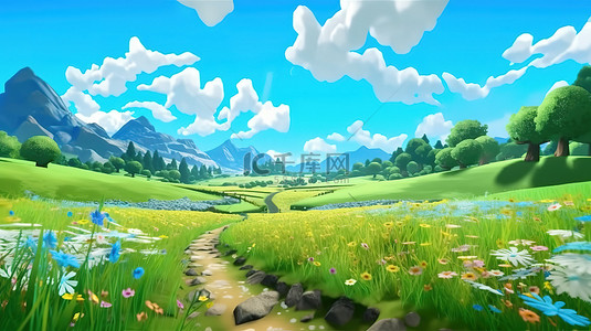 3D 渲染卡通景观乡村草地和山景，春夏蓝天白云
