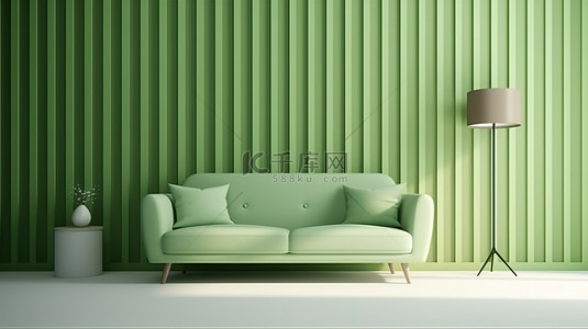 舒缓的绿色色调现代内饰，配有条纹壁纸和 3D 渲染的时尚沙发