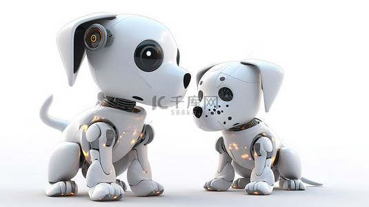 在白色背景狗机器人和可爱机器人上进行 3D 渲染的可爱机器人二重奏