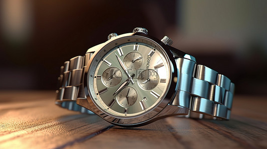 手表背景背景图片_精致的模拟男士银色手表以极端特写 3D 渲染显示在桌子上