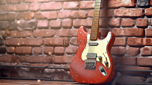 复古风格的砖墙背景展示了 3D 渲染的令人惊叹的红色电吉他