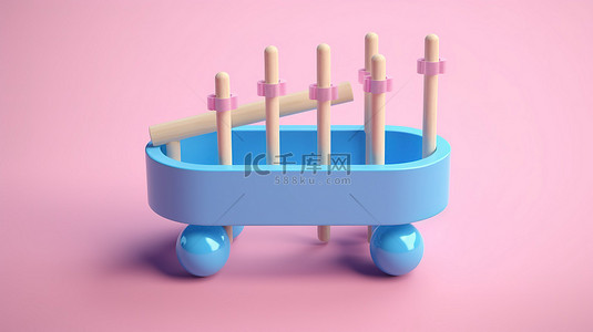 粉色背景与带有魔杖的双色调蓝色玩具木琴形成令人惊叹的 3D 渲染效果