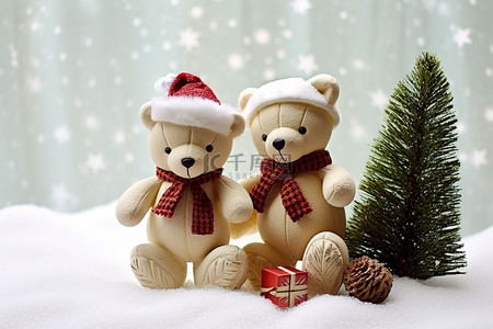 英语可爱背景图片_雪山顶上有两只毛绒玩具熊，上面有装饰品