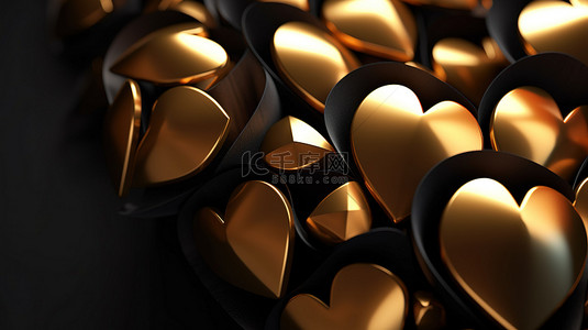 现代爱心背景图片_密切关注黑色和金色的心形，具有象征爱情的现代设计，在深色背景上进行 3D 渲染