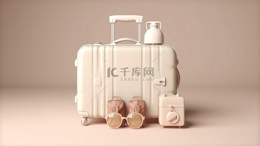 白色夏季旅行必需品米色手提箱相机包眼镜和鞋子 3D 渲染