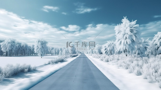 冰雪覆盖的道路的孤立 3D 插图，位于令人惊叹的冬季景观中，非常适合旅行和度假