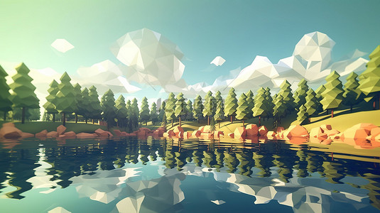4k森林背景图片_水上夏季低聚森林的 3D 渲染，天空中有阳光和云彩
