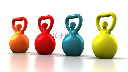 壶铃锻炼 3D 图展示白色背景上的健身概念