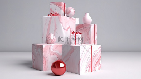 垂直海报图像壁纸 3D 渲染礼品盒，白色大理石背景，非常适合情人节