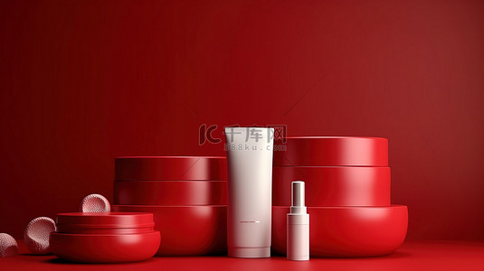 优雅的红色背景与豪华护肤套装，具有塑料管和罐子模型的 3D 渲染