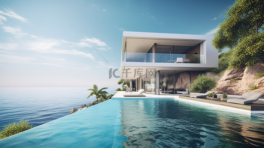 房地产文案背景图片_带游泳池的豪华现代住宅，可俯瞰大海 3d 渲染