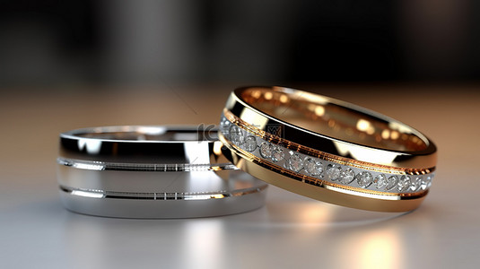插画宝石背景图片_优雅的银和金结婚戒指的 3D 渲染