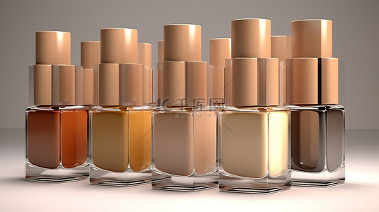 粉底液背景背景图片_1 浅米色或棕色底色粉底液玻璃瓶的独立 3D 插图