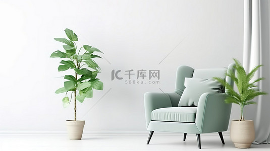模拟背景背景图片_绿色扶手椅和鲜花装饰的客厅内部靠着白色的墙壁，呈现出模拟背景 3D 渲染图像