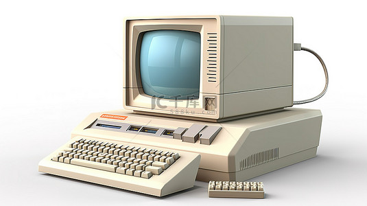 电脑系统背景图片_老式 PC 3D 渲染旧学校系统单元显示器键盘和鼠标在白色背景下