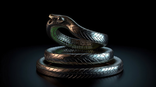 危险的蛇 3D 插图，一条盘绕的蛇准备攻击并发出嘶嘶声