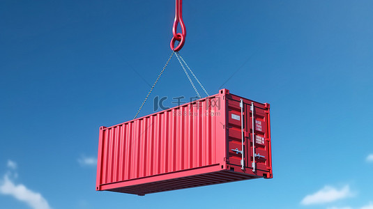 3d 渲染起重机吊钩在蓝天上运输红色集装箱