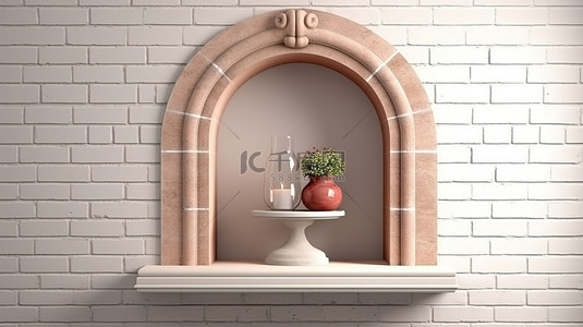 复古风格的利基，在质朴的砖墙上有一个花瓶 3D 渲染