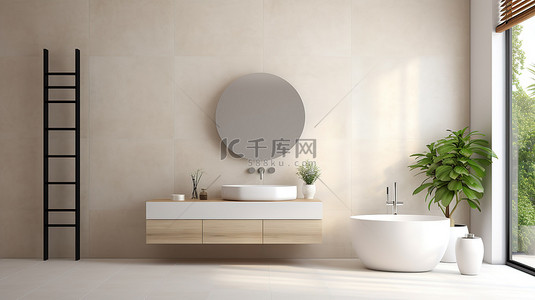 明亮浴室的时尚简约 3D 渲染，配有圆形镜柜和容器水槽