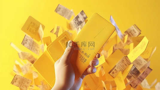 在充满活力的黄色背景下手握护照旅行票和机票的 3d 渲染