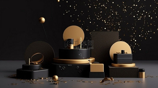 黑色产品展示背景图片_豪华的金色讲台，配有 3D 黑色产品展示和五彩纸屑，以时尚的方式庆祝周年纪念日