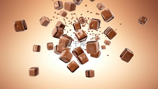 涂有棕色巧克力的方形糖果在空中飞行的 3D 插图