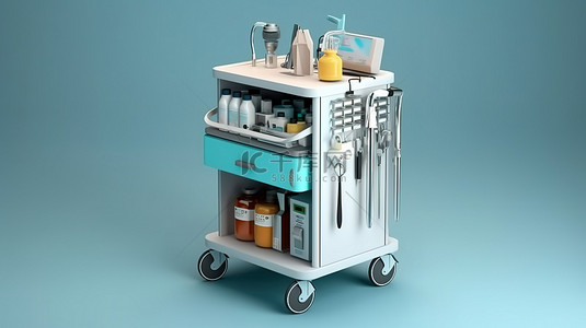 医疗治疗背景图片_带疫苗接种设备的医疗柜手推车的 3D 等距插图
