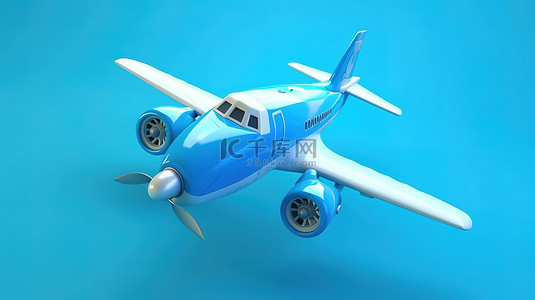 蓝色背景下卡通玩具喷气式飞机的 3d 渲染