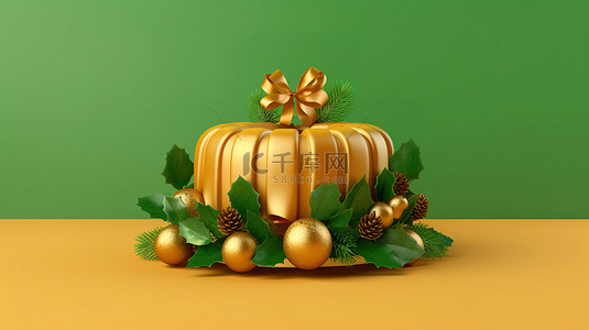 活动贺卡背景图片_3D 插图的金铃装饰圣诞蛋糕与绿色花环在充满活力的黄色背景
