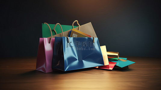 店中店背景图片_3D 渲染中的在线支付概念购物袋信用卡和硬币