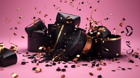 3D 渲染中粉红色背景下的镀金五彩纸屑和黑色礼物