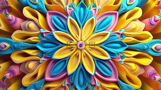 几何装饰风格 3D 插图，以黄色粉色和蓝色图案为特色