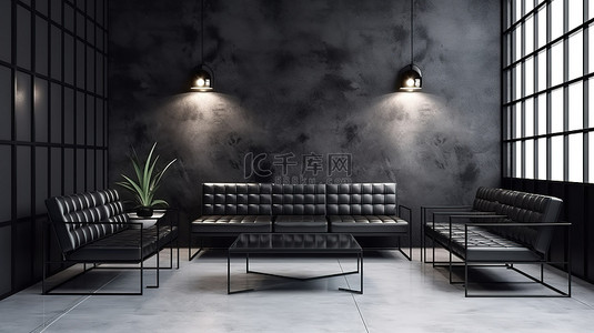 黑色工业背景图片_现代候诊室工业墙 3D 概念，配有时尚的黑色沙发和现代桌子
