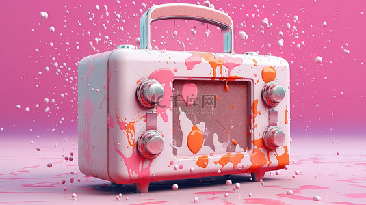 粉红色斑点 3D 艺术复古收音机隐藏在彩绘层中