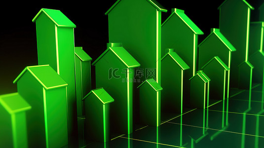 蓬勃发展的房地产行业与向上的绿色箭头 3D 渲染
