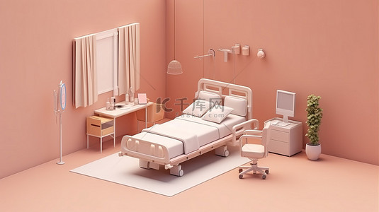 住院卡通背景图片_隔离病床的等距 3D 渲染