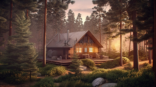 舒适旅行背景图片_坐落在松树林中的舒适小屋的 3D 渲染