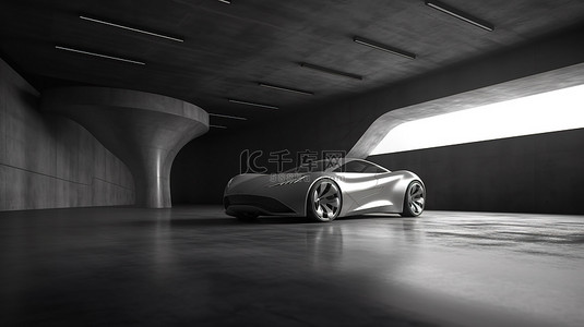 空混凝土地板，具有未来派建筑背景和 3D 渲染汽车展示