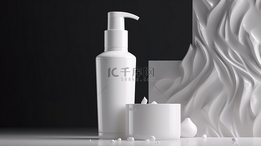沐浴露背景图片_护肤概念 3d 白色化妆品瓶和管子在讲台上被飞溅的牛奶包围