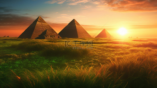 3D 插图中的日落照亮了坐落在郁郁葱葱的绿草之中的古老金字塔