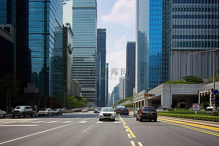 券的背景图片_街道上的大型办公楼和车辆