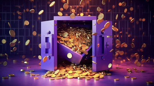 坚固的紫色保险箱 3D 渲染，里面装满了金币和美元符号