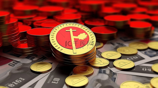 红色财富背景图片_企业背景下的红色箭头和金币的 3d 渲染