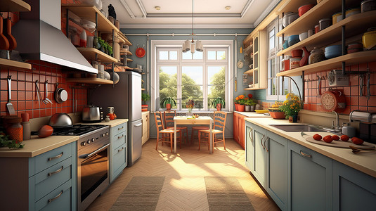 收拾屋子背景图片_现代厨房设计的时尚 3D 渲染