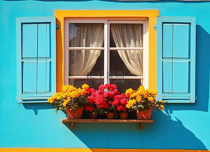 花盆栽背景图片_彩色积木屋的窗户旁边有一扇窗户，里面有一些花