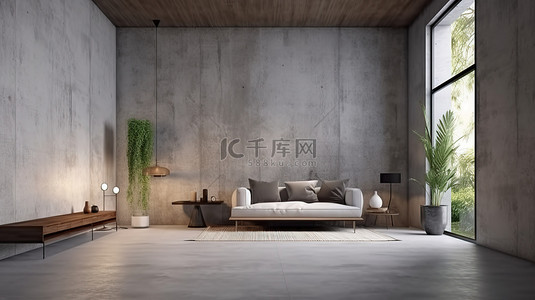 室内家具背景背景图片_具有 3D 渲染的空混凝土墙背景的现代家庭客厅