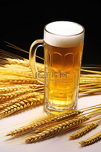 一杯啤酒，玻璃杯里有小麦和黄色的麦秆